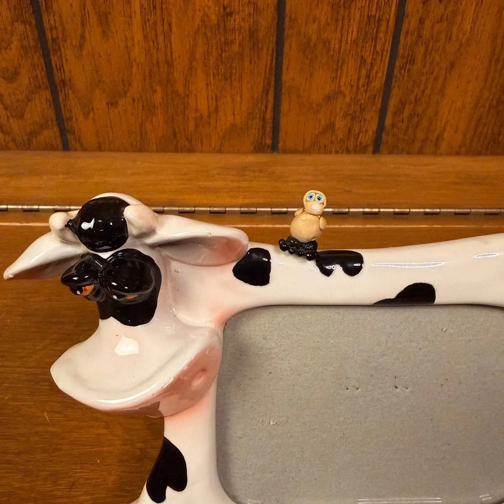 White Black Spotted Cow Bird Ceramic Picture Frame Russ Berrie Retro One Size
